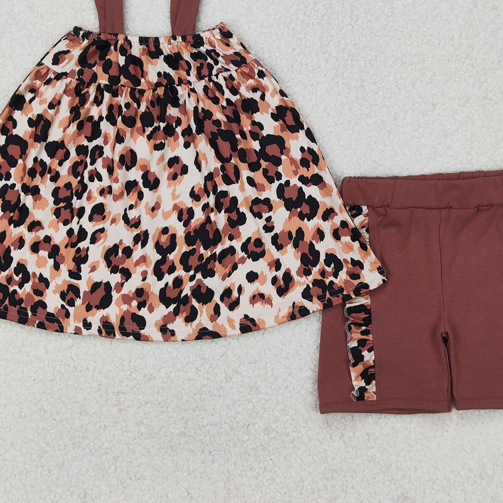 4.10 GSSO2352 RTS NO MOQ Baby Girls Summer Outfits Brown straps leopard tunic ruffle shorts girls clothes