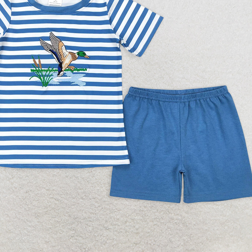 BSSO0308 RTS NO MOQBaby Boys Summer Boys Outfits Baby Boys Blue Stripes Duck Tee Shirts Tops Shorts Clothing Sets