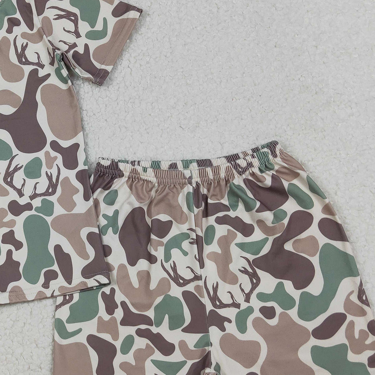 10.18 RTS NO MOQ (In stock)GSSO2708 Baby Boys Winter Outfits Baby Girls Green Brown Deer Camo Top Shorts Hunting Pajamas Sets