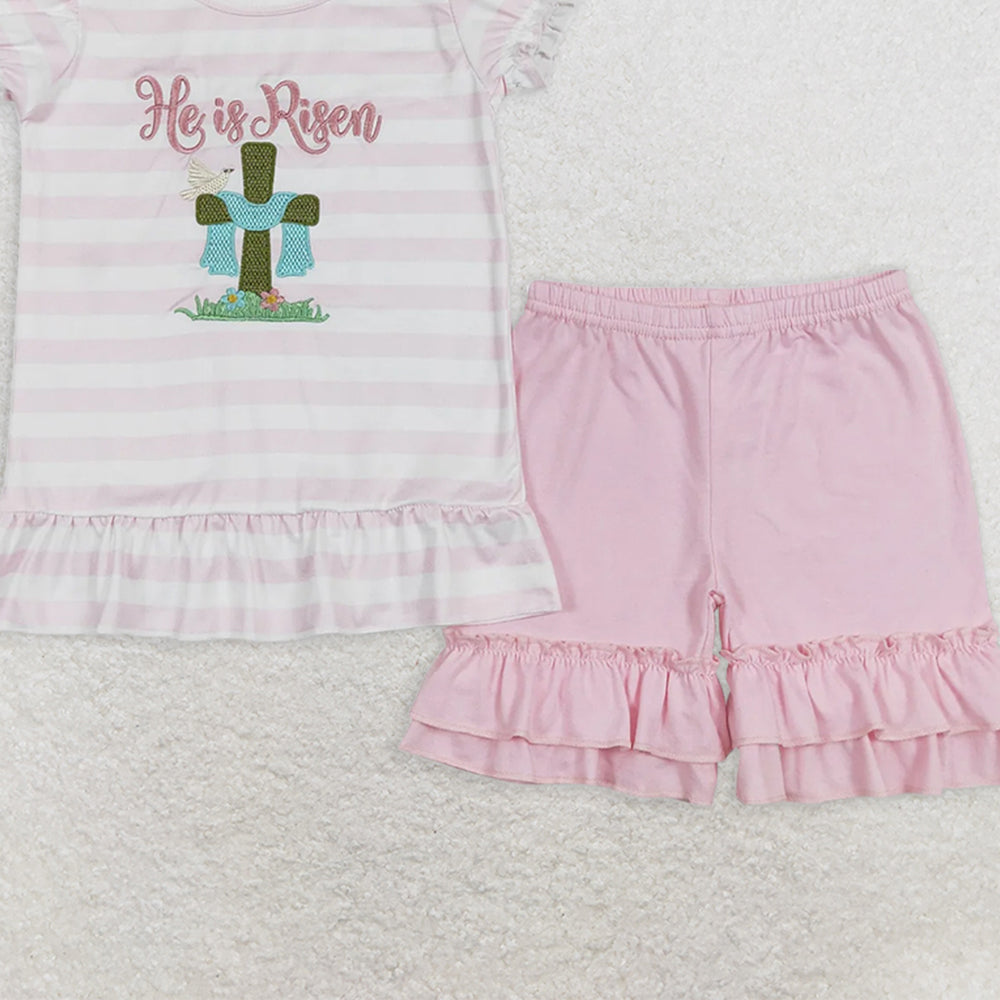 GSSO0382 RTS NO MOQ Baby Girls Summer Outfits He is risen embroidered cross pink and white striped shorts set