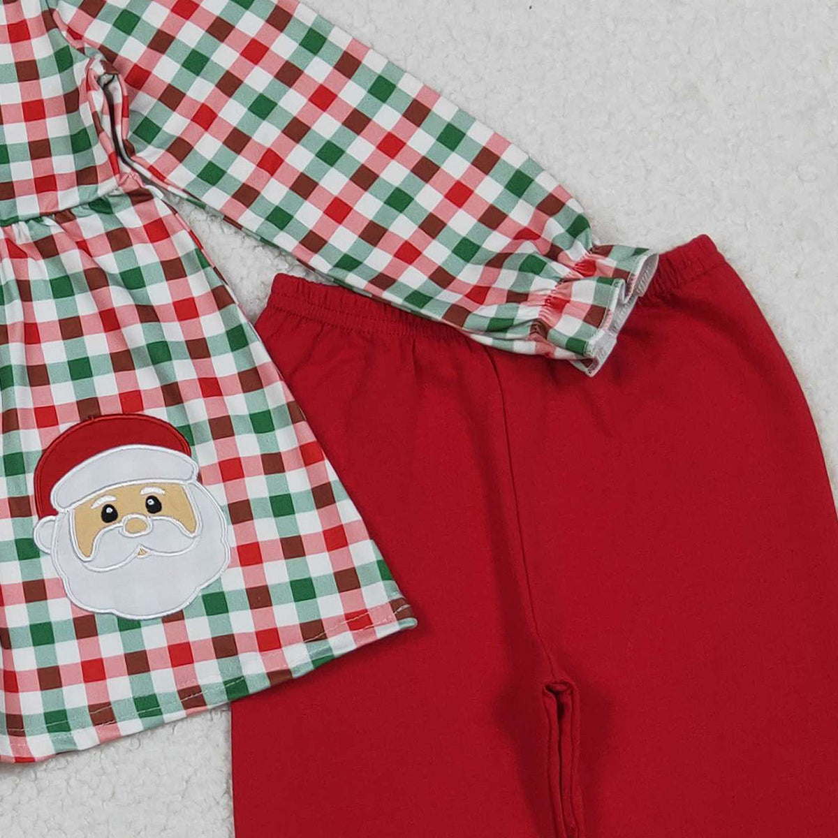 10.13 RTS NO MOQ (In stock)GLP2530 Embroidery Santa Baby Girls Green Red Checked Tunic Ruffle Pant Christmas Clothes Set
