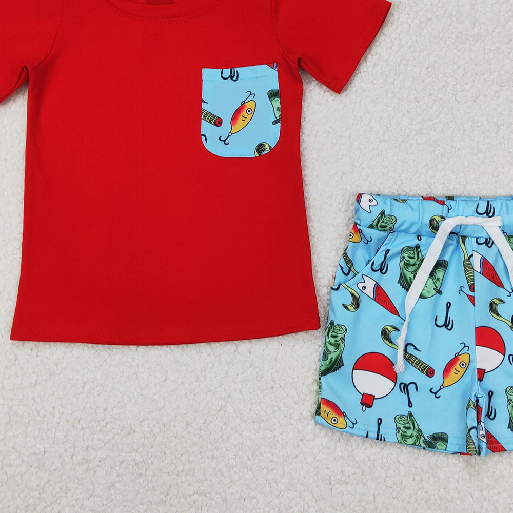 4.18 BSSO1289 RTS NO MOQ Red short sleeves pocket top fishing shorts boys clothes