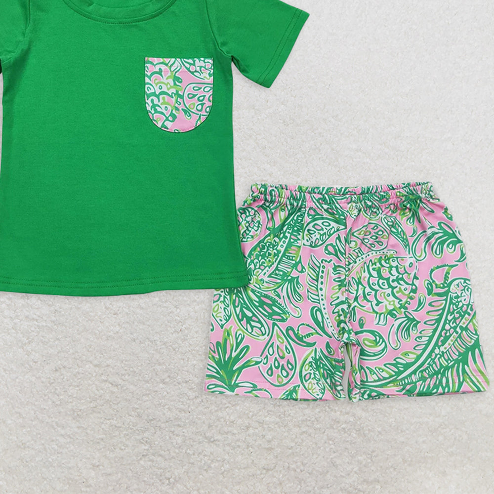 BSSO0839RTS NO MOQ Baby Boys Summer Boys Outfits Baby Boys Green Short Sleeve Tee Shirts Tops Fishes Shorts Clothes Sets