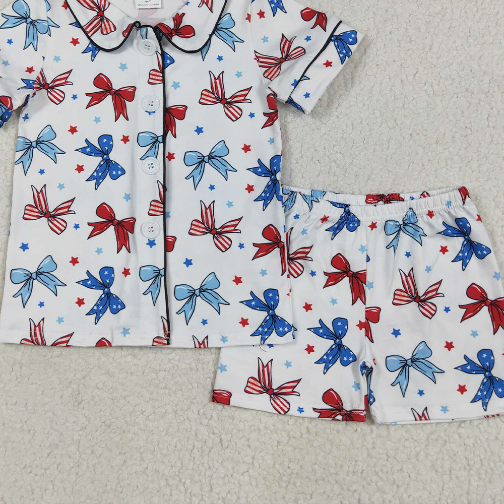 5.20 GSSO2484 RTS NO MOQ Baby Girls Summer Outfits Short sleeves blue red bow kids girls 4th of july pajamas