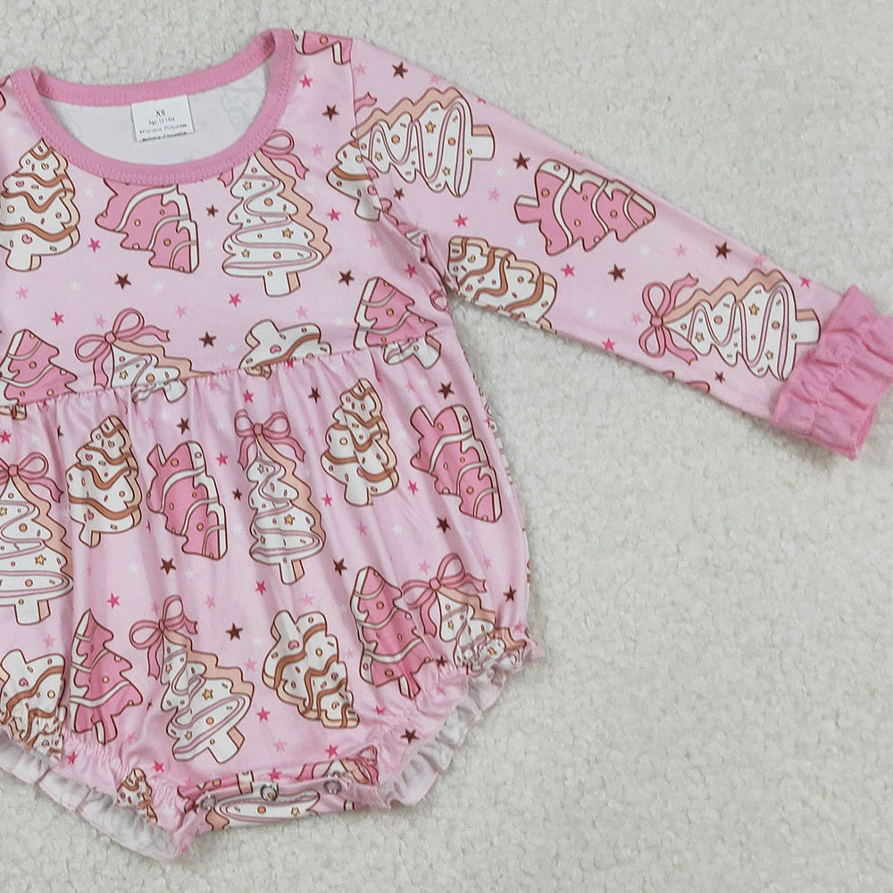 RTS NO MOQ (In stock)LR2301 Baby Girls Winter Rompers Long Sleeve Romper Pink Bow Christmas Tree Cake Design Cute Holiday Outfit for Little Ones