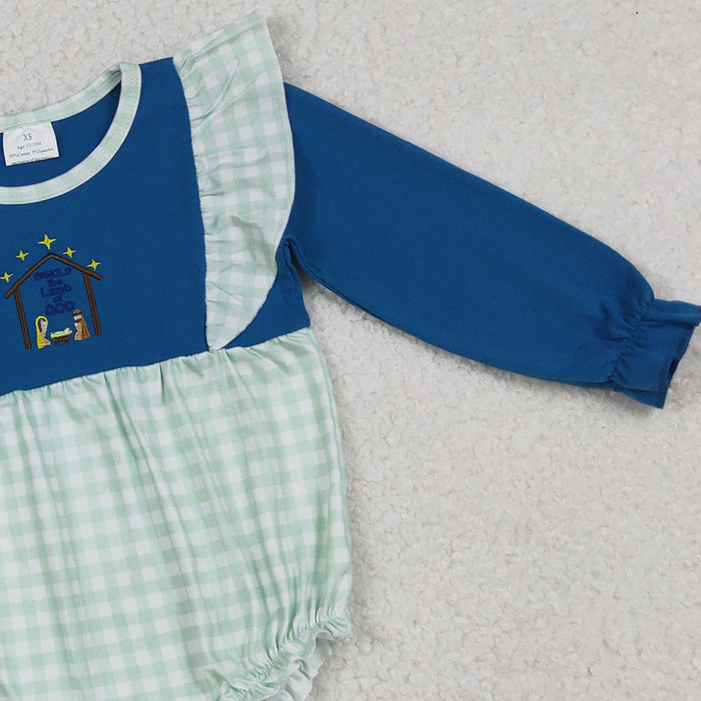 RTS NO MOQ (In stock) LR2477 Baby Girls Winter Rompers Long Ruffle Sleeves Nativity Christmas