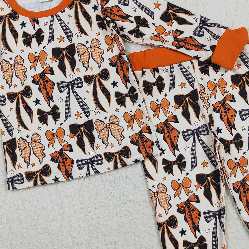 8.23 RTS NO MOQ (In stock)GLP2573 Baby Girls Winter Outfits Baby Girls Colorful Bows Stars Plaid Top Pant Halloween Pajamas Set