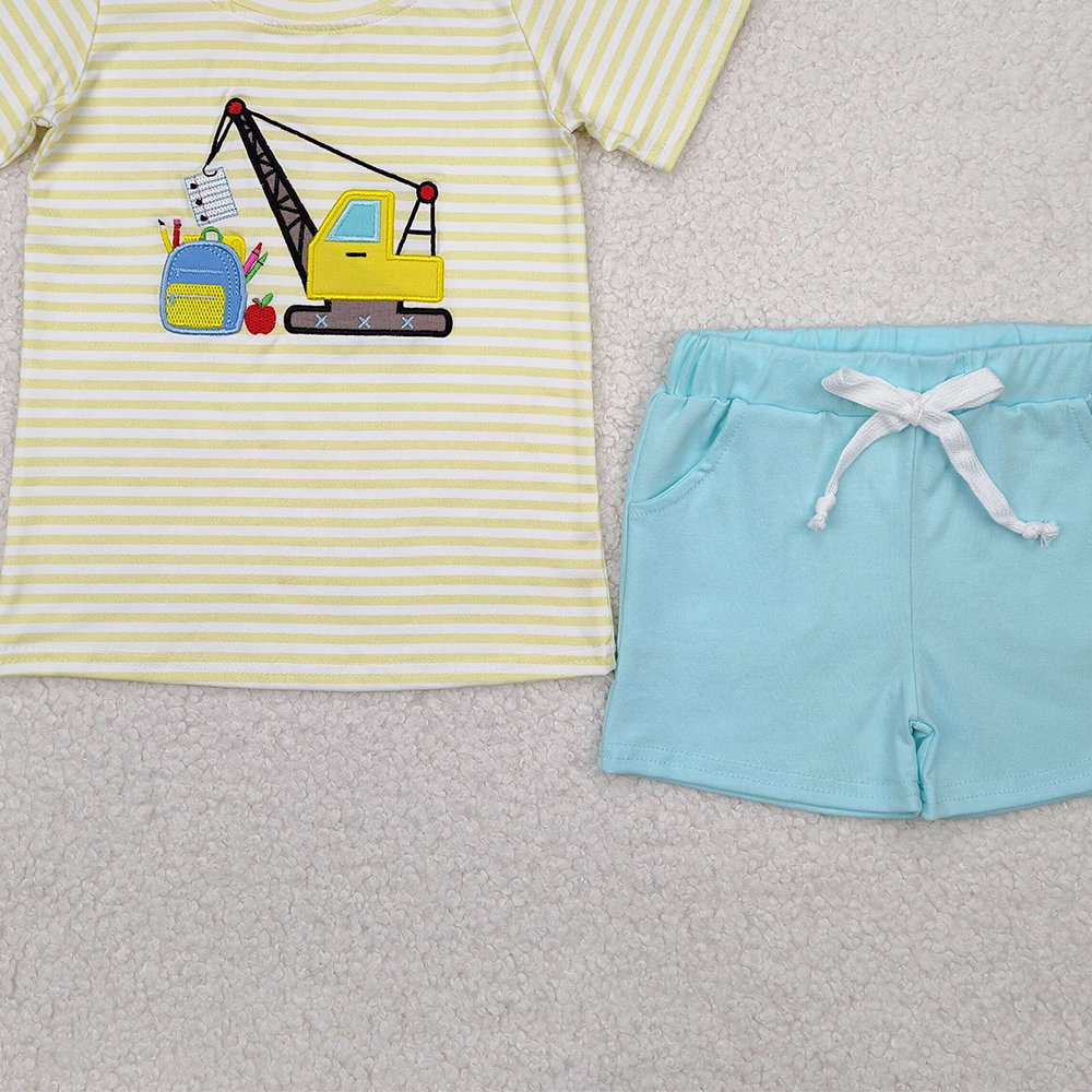 BSSO1417RTS NO MOQ Baby Boys Summer Boys Outfits Constructions apple book top shorts boys back to school clothes