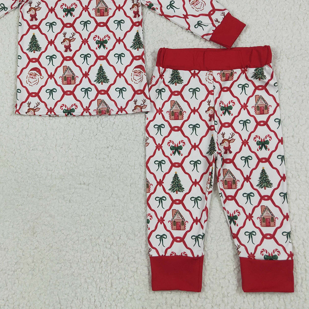 8.18 GLP2391 RTS NO MOQ Baby Girls Winter Outfits Baby Girls Long Sleeves Bows Gingerbread Plaid Top Pant Pajamas Set