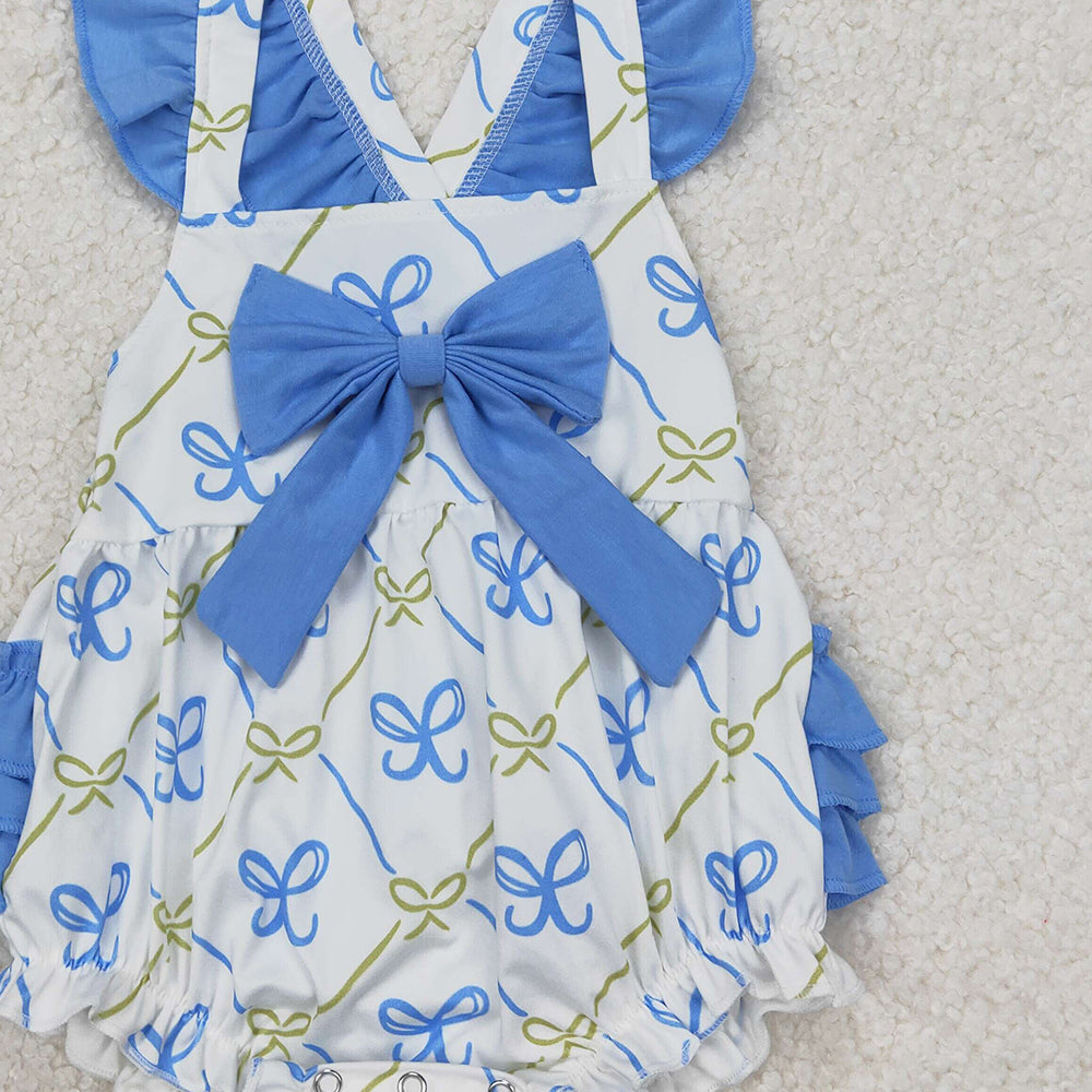 4.18 SR2720 RTS NO MOQ Light blue flutter sleeves ruffle bow baby girls romper