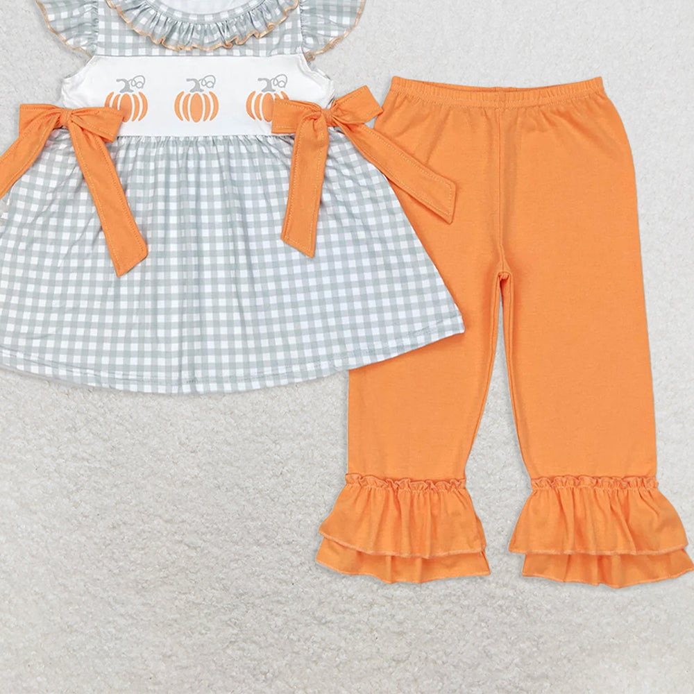 GSPO1533 RTS NO MOQ Baby Girls Spring Outfits Pumpkin orange bow green plaid flying sleeve trousers suit