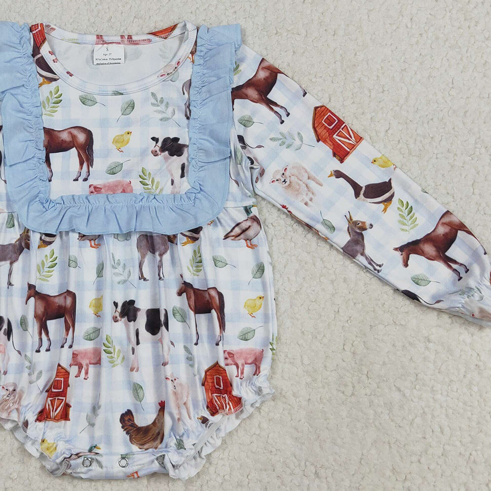 RTS NO MOQ (In stock)LR2362 Baby Girls Winter Rompers Baby Girls Long Ruffle Sleeves Farm Houses Chicks Rompers