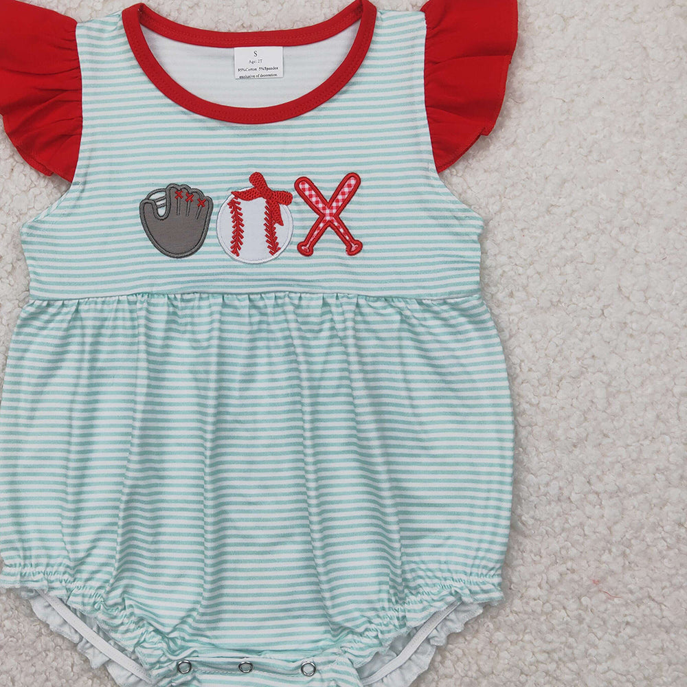 5.20 SR2892 RTS NO MOQ Baby Girls Summer Rompers Embroidery Flutter sleeves stripe baseball baby girls romper