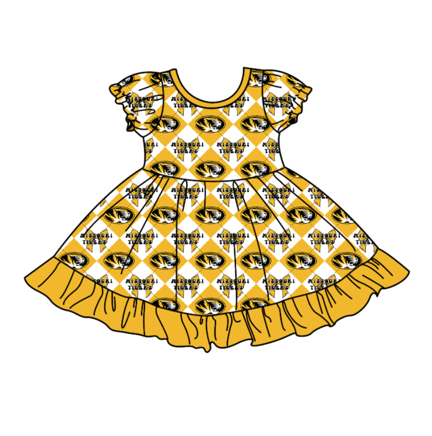 CUSTOM MOQ 5 Baby Girl Yellow Bow Plaid Short Sleeve Team Knee Length Dresses