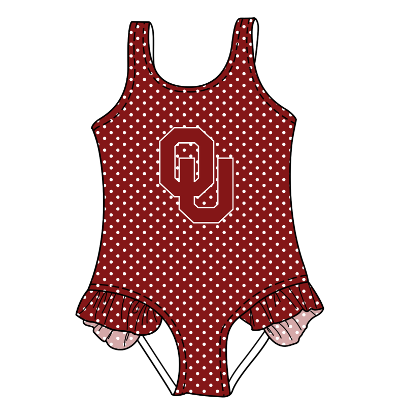 CUSTOM MOQ 5 Cute Comfortable Clothing For Kids Baby Girls Dark Red Polka Dots Ruffle Team One Piece Swimsuits