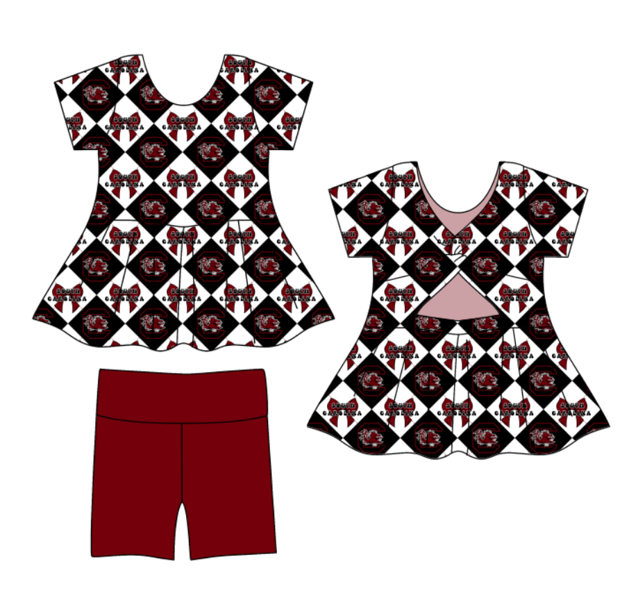 CUSTOM MOQ 5 Baby Girl Clothes Black Bow Plaid Team Short Sleeve Shorts Yoga Active Clothes Sets