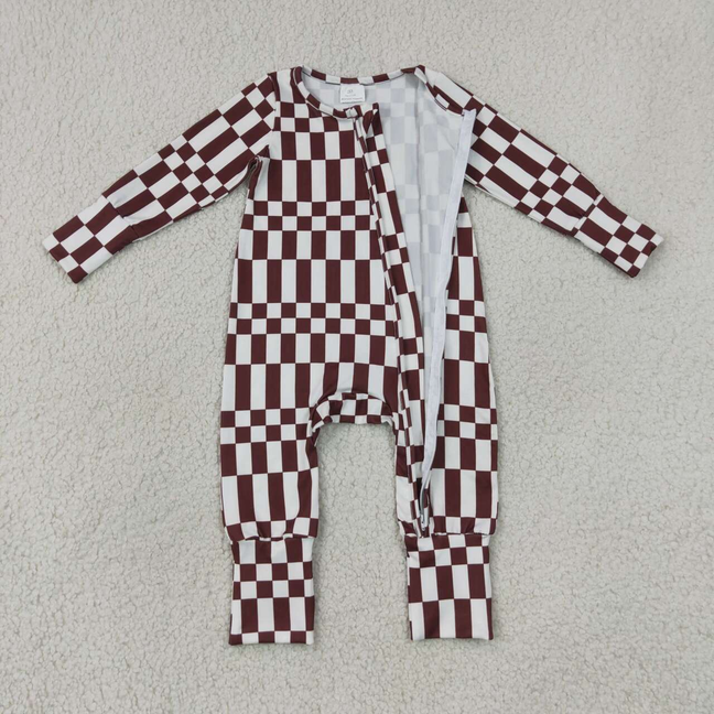 LR3114 RTS NO MOQ (In stock)Baby Boys Maroon Check Long Sleeve Two Way Zipper Rompers