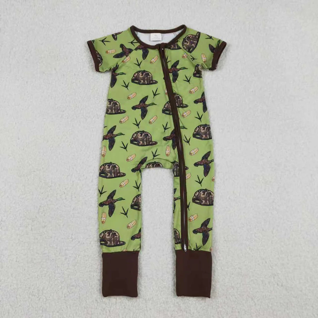12.22 RTS Sibling Baby Boys Camo Hats Ducks Pants Hunting Pajamas Set Zipper Rompers