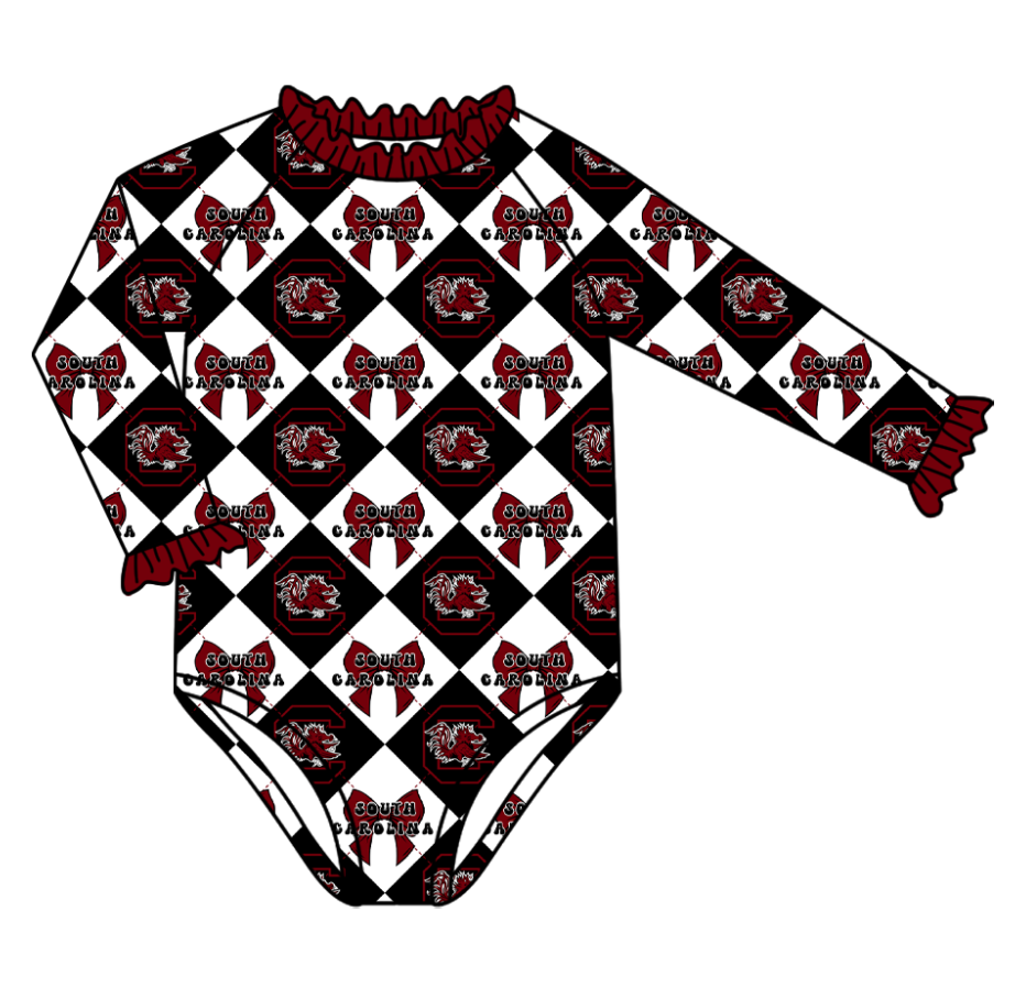 CUSTOM MOQ 5 Baby Girl Clothes Black Bow Plaid Team Long Sleeve Swimsuits