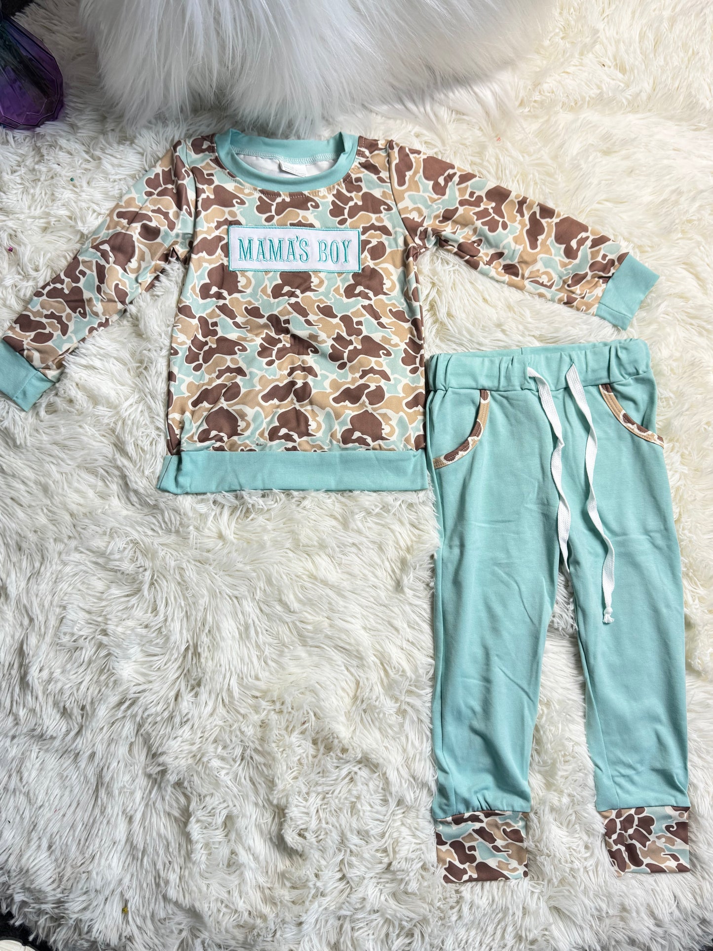 12.8 RST BLP1336 Embroidery Mama's Boy Green Camo Top Pockets Jogger Pants Clothes Sets