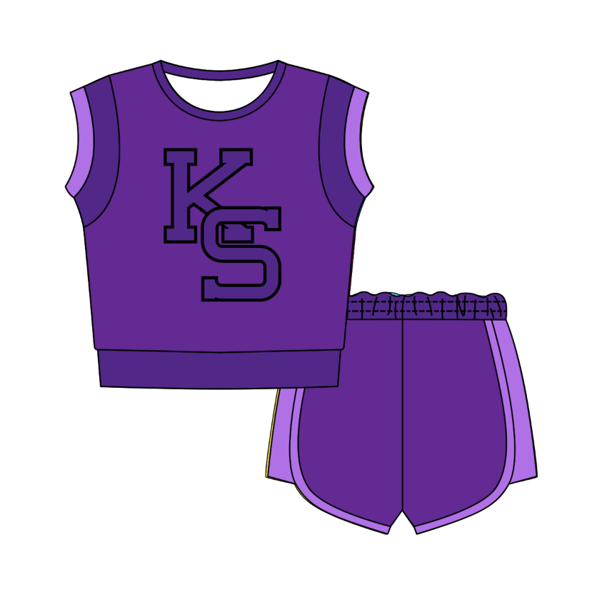 CUSTOM MOQ 5 Cute Comfortable Clothing For Kids Baby Kids Summer Purple KS Sleeveless Patchwork Top Shorts Clothes Sets