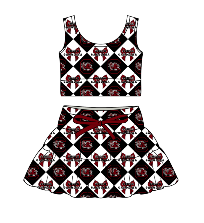 CUSTOM MOQ 5 Baby Girl Clothes Black Bow Plaid Top Skirts Yoga Active Team Clothes Sets