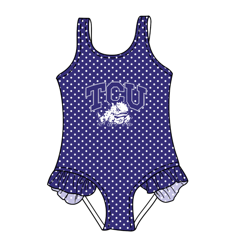 CUSTOM MOQ 5 Cute Comfortable Clothing For Kids Baby Girls Purple TCU Polka Dots Ruffle Team One Piece Swimsuits
