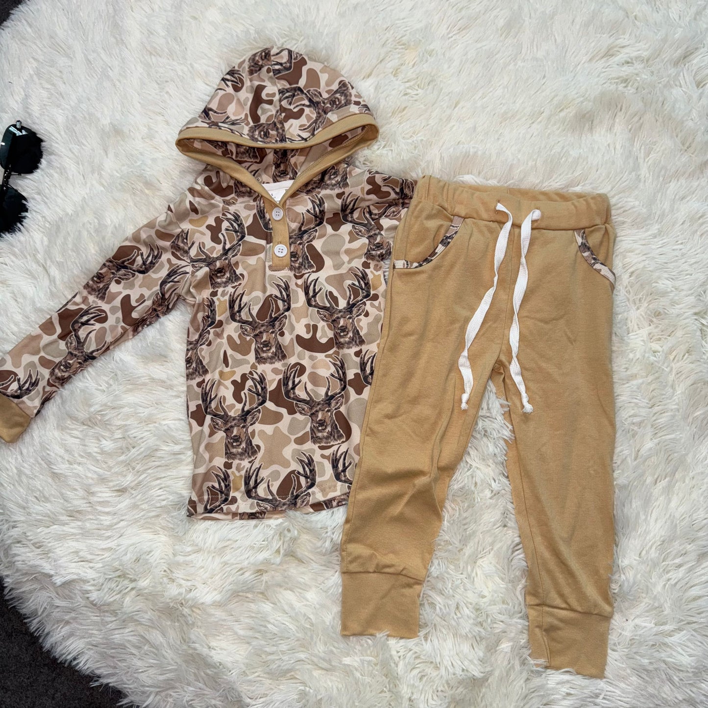 11.3 RST BLP1239 Baby Boys Khaki Camo Deer Button Hoodies Pockets Leggings Hunting Clothes Set