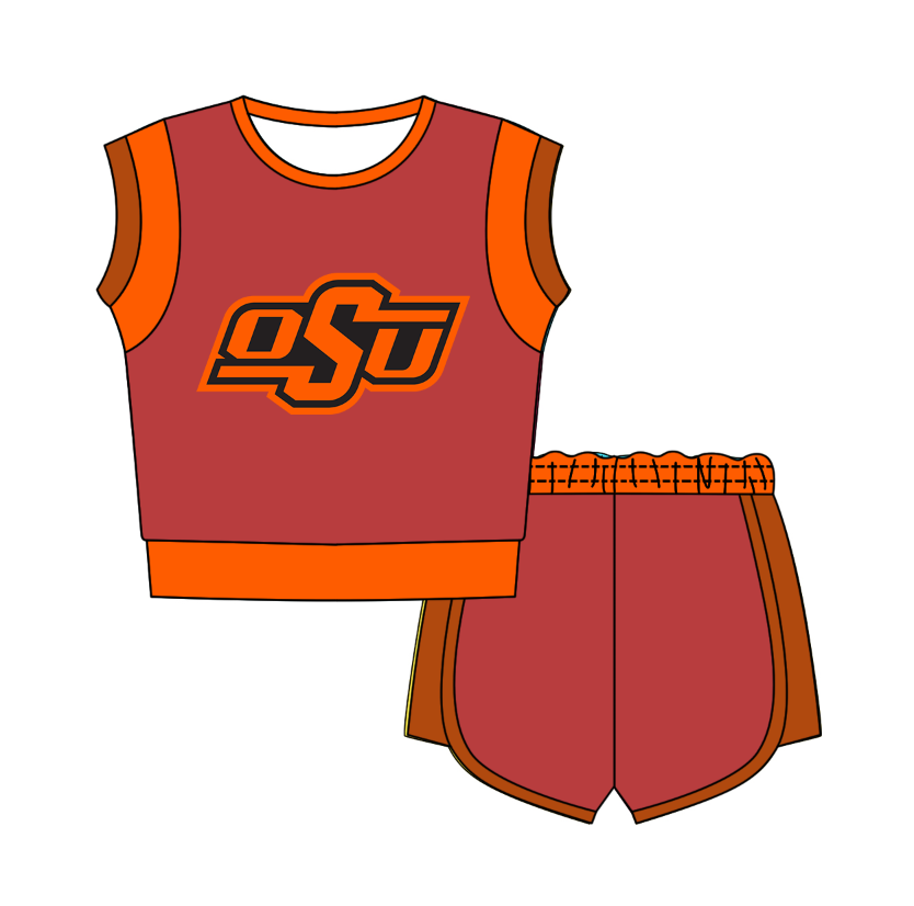 CUSTOM MOQ 5 Cute Comfortable Clothing For Kids Baby Kids Summer Red Orange Sleeveless Patchwork Top Shorts Clothes Sets