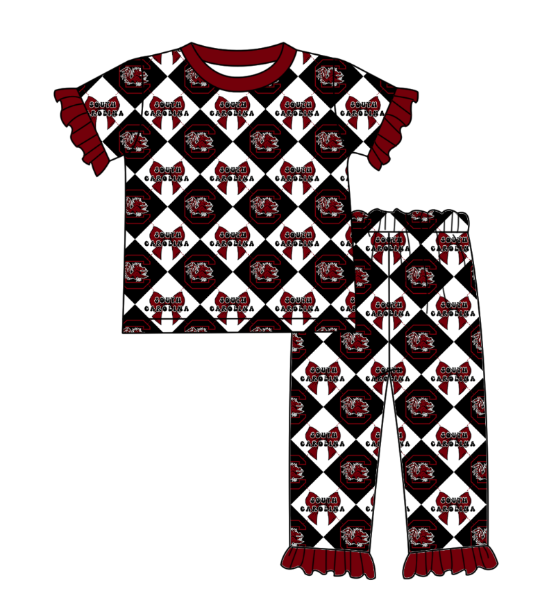 CUSTOM MOQ 5 Baby Girl Clothes Black Bow Plaid Top Pants Team Pajamas Sets