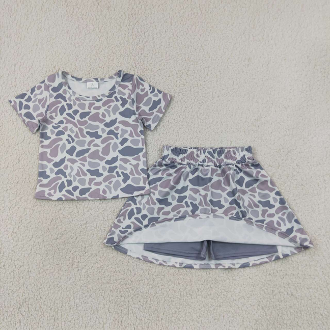 GSD2724 RTS NO MOQ (In stock)Baby Girls Short Sleeves Gray Camo Top Skorts Set Set