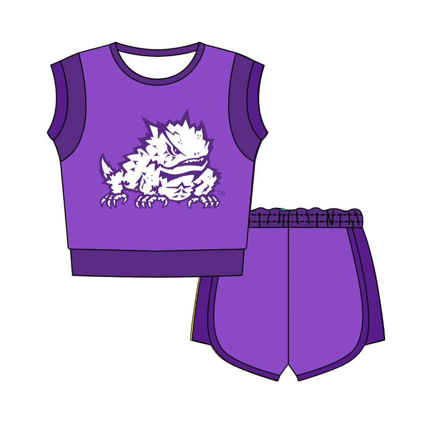 CUSTOM MOQ 5 Cute Comfortable Clothing For Kids Baby Kids Summer Purple TCU Sleeveless Patchwork Top Shorts Clothes Sets