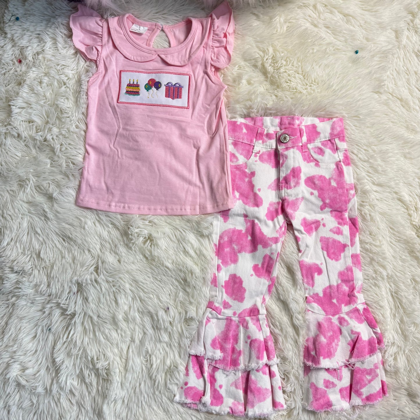 12.30 RST GT0501 + P0406 Baby Girls Birthday Pink Flutter Sleeve Tee Shirts Tops Ruffle Bell Flare Denim Pants