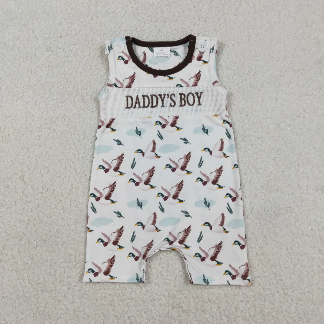 USA Warehouse (IN STOCK) SR3347 Baby Boys Summer Romper Smocked Daddy's Boy Baby Sleeveless Ducks Hunting Short Rompers