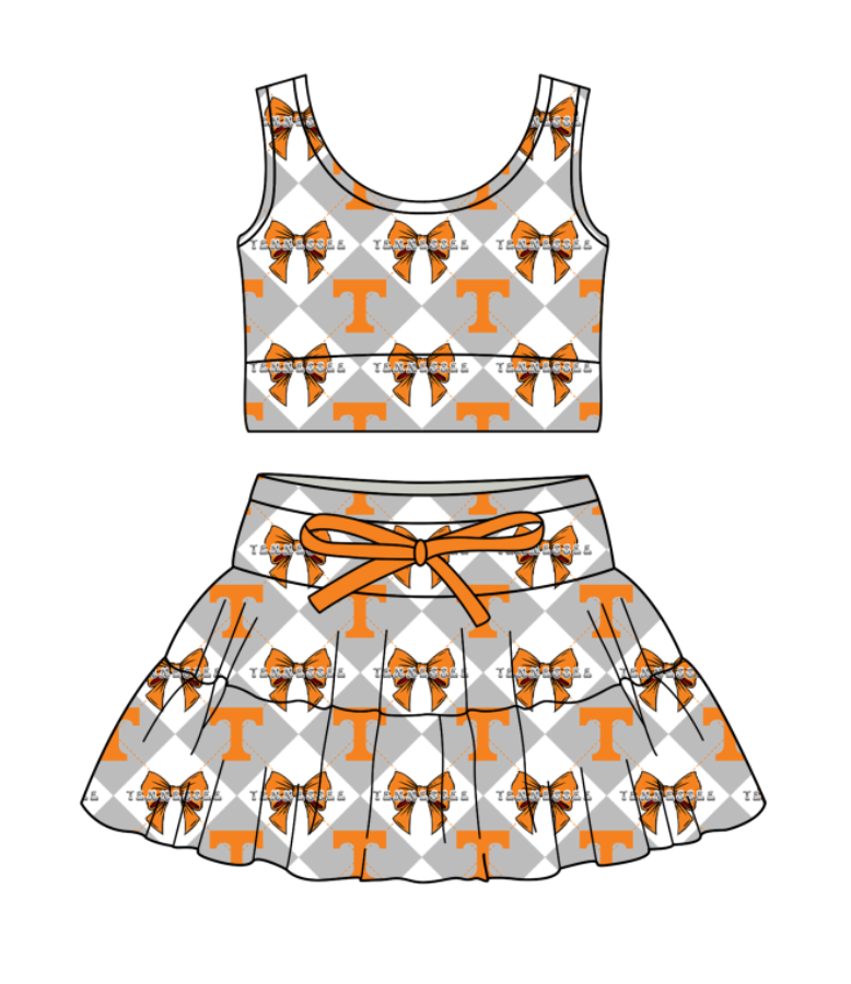 CUSTOM MOQ 5 Baby Girl Clothes Grey Bow Plaid Top Skirts Yoga Active Team Clothes Sets