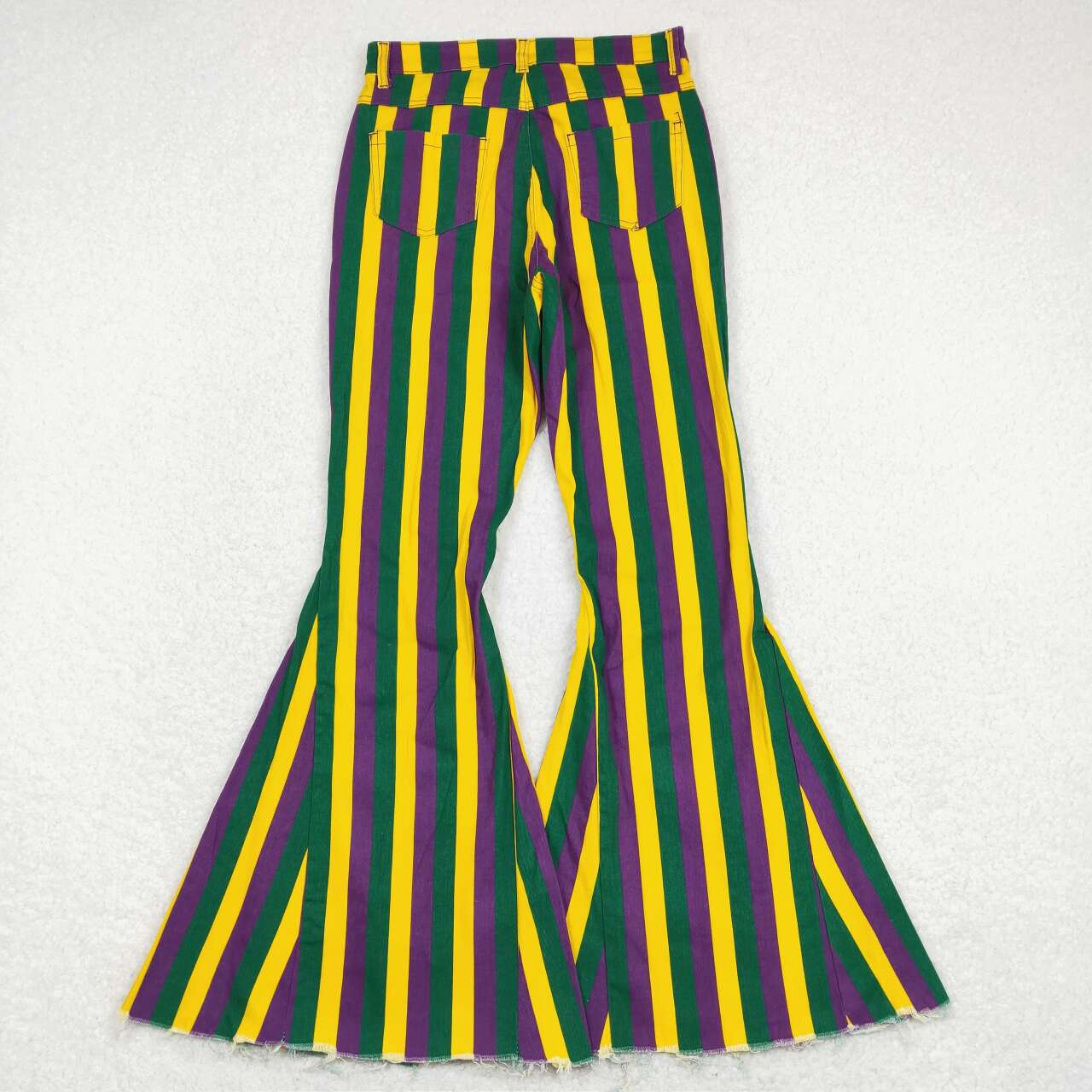 Adults women and Baby Girls green, yellow and purple vertical striped denim flared pants