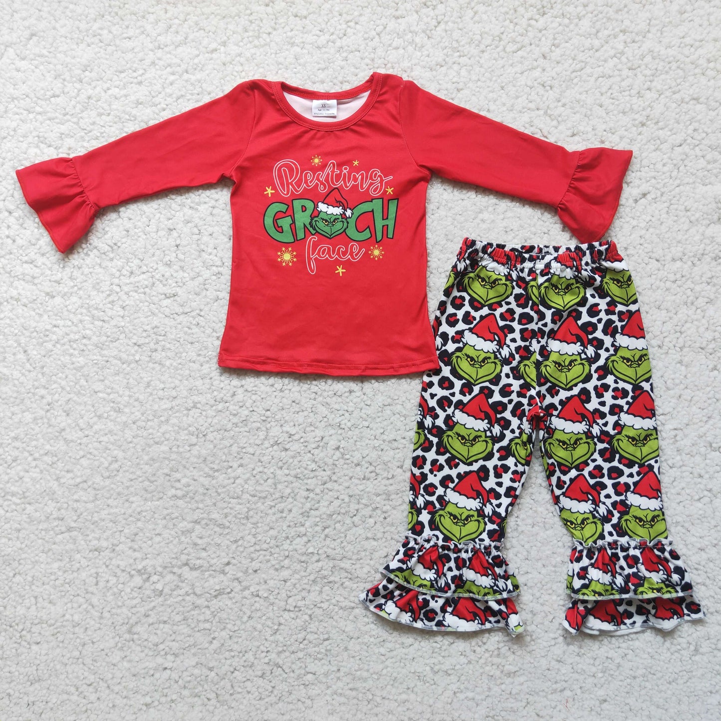 9.16 6 A1-17 Baby Girls Winter Outfits Red long sleeve shirt green face ruffle pants girls Christmas clothes