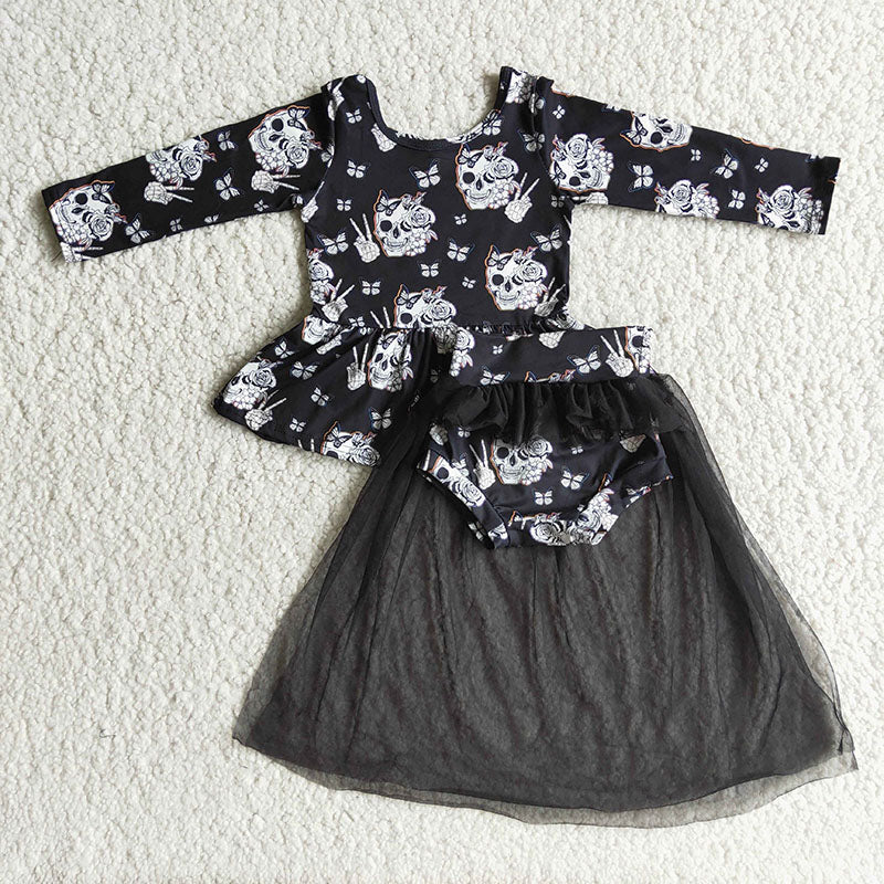9.17 6 A10-2 Baby Girls Winter Outfits Black tulle skull long sleeve shirt bummies set