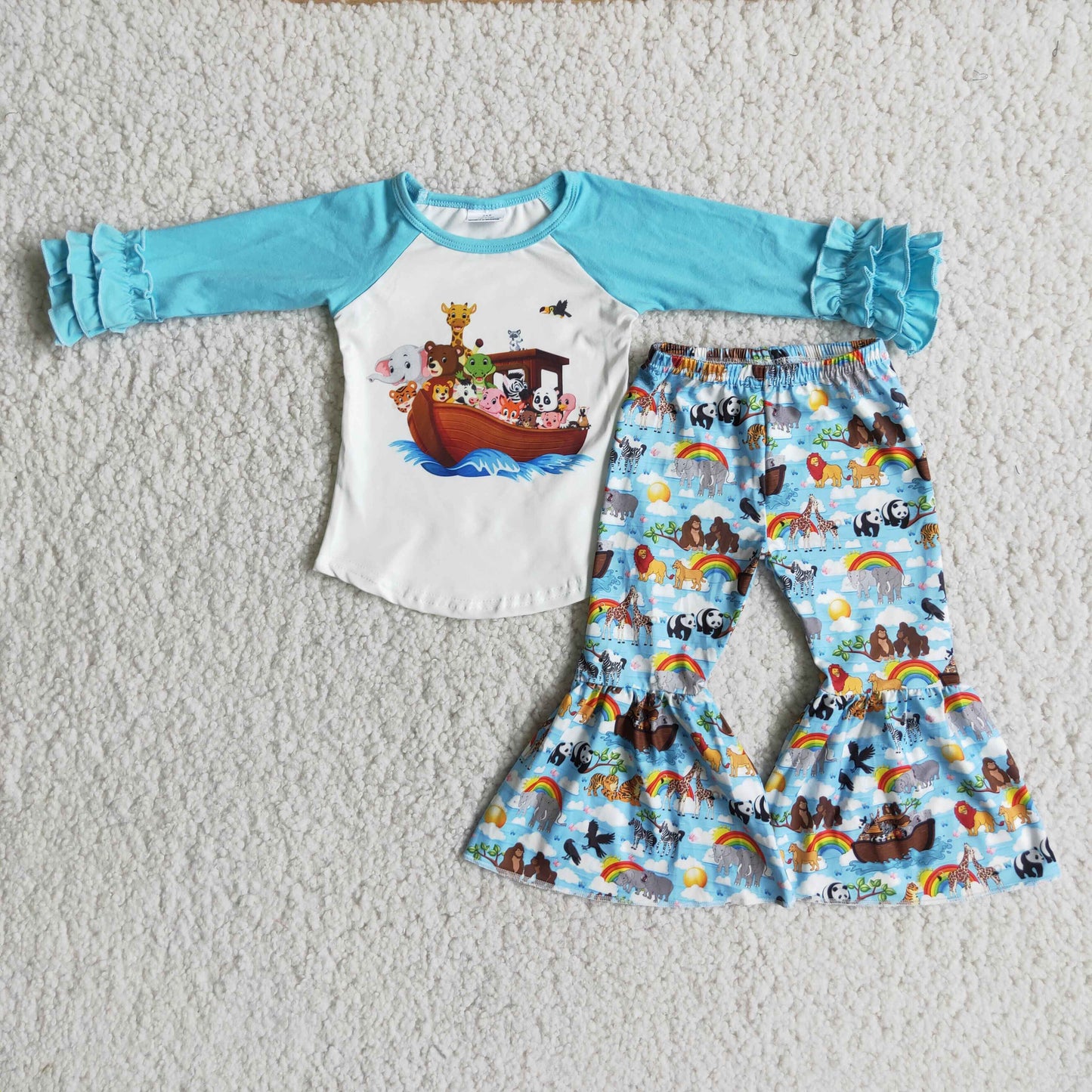 9.17 6 A10-19 Baby Girls Winter Outfits Baby Girls Blue Animal Bout Bell Bottom Pants Sets