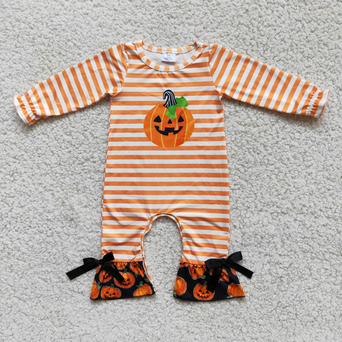 6 A13-2 Baby Girls Winter Rompers Pumpkin Stripes Halloween Ruffle Rompers