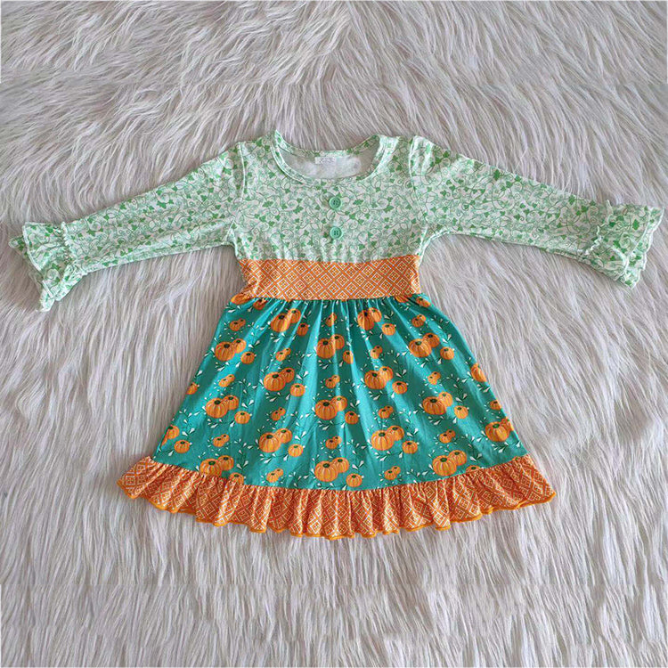 9.18 6 A14-26 Baby Girls Winter Outfits Girl Long Sleeve Pumpkin green fall dresses