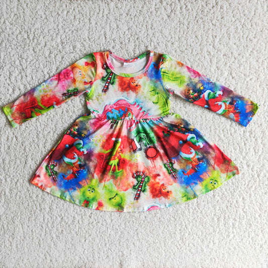 10.18 6 A15-3 Baby Girls Winter Dresses girls Cute green face print long sleeve twirl Christmas dresses