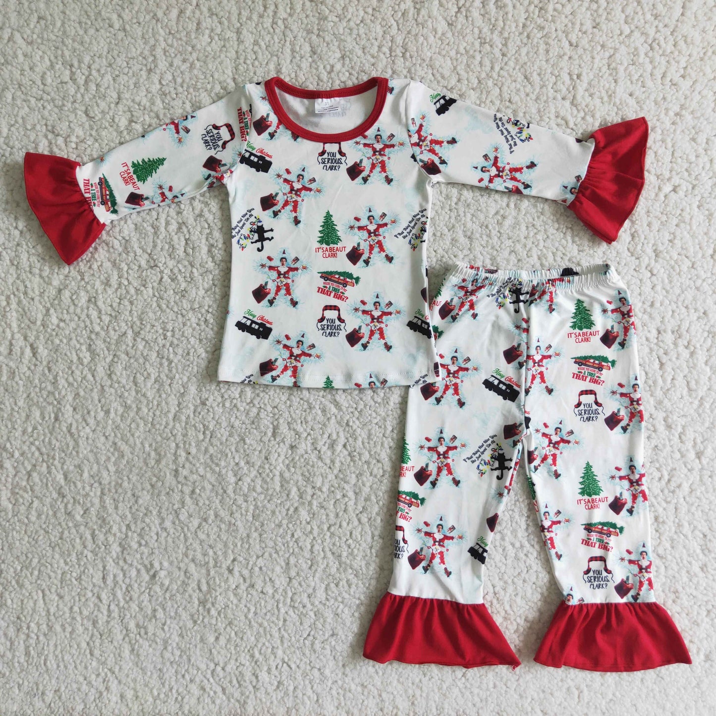 12.2 6 A2-18 RTS No Moq Clearance Baby Girls Winter Outfits Baby Girls White Red Ruffle Top Pants Pajamas Clothing Sets