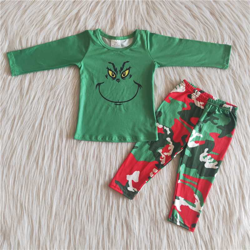 6 A24-16 Baby Boys Green Frog Face Shirt Camo Pants Clothing Sets