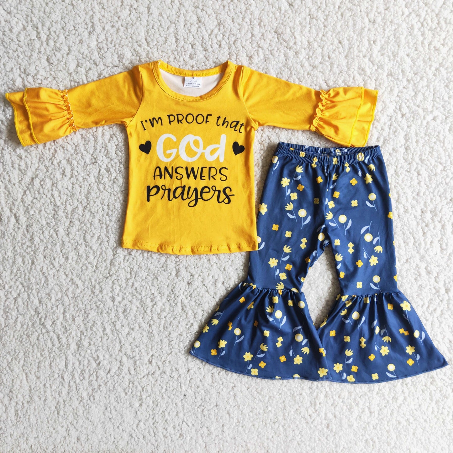 11.15 6 A3-30 RTS No Moq Clearance Baby Girls Winter Outfits Girls Mustard GOD answers floral bell set