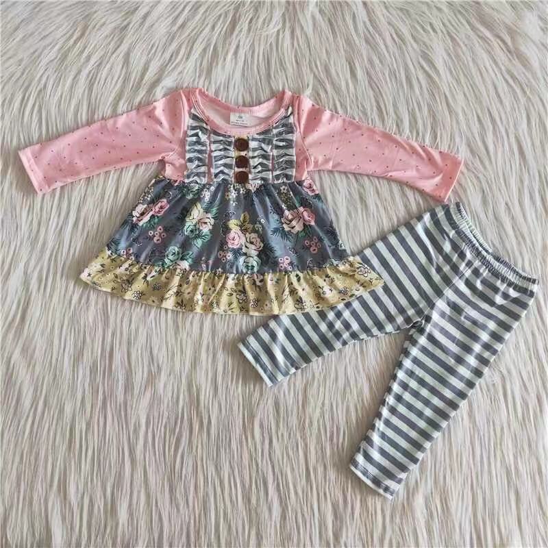 10.29 6 B0-17 RTS No Moq Clearance Baby Girls Winter Outfits Pink Grey Floral tunic Stripe legging baby girls fall outfits sets