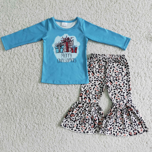 10.18 6 B6-36 RTS No Moq Clearance Baby Girls Winter Outfits girls Merry Christmas gift bleached blue shirt leopard pants