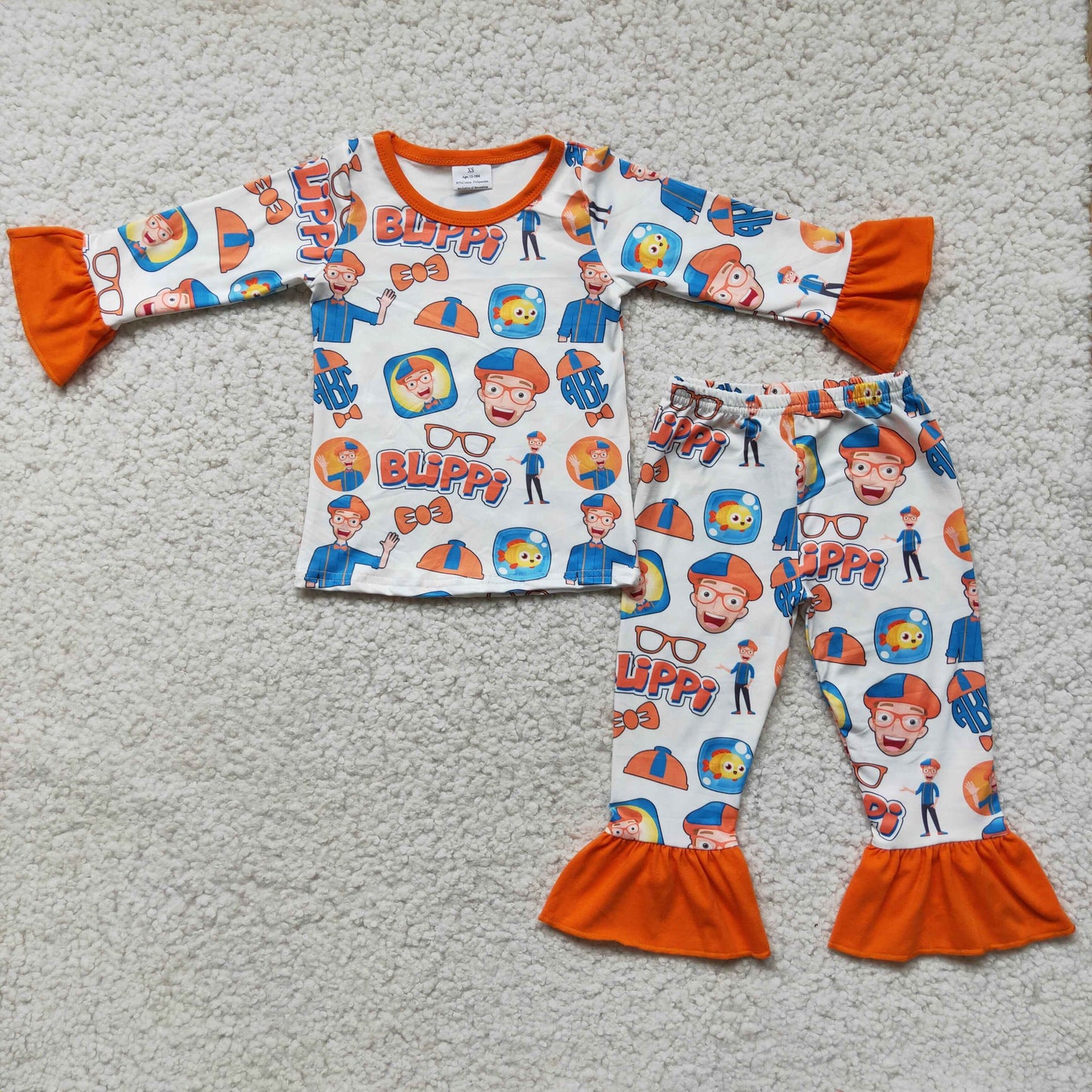 6 C11-2Baby Girls Orange Long Ruffle Sleeves Man Fishes Top Pant Pajamas Set