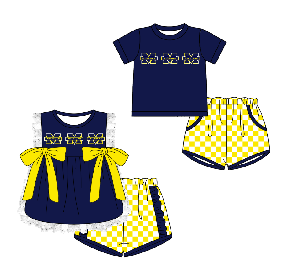 CUSTOM MOQ 5 Cute Kids Clothing Sibling Boys Baby Girls Summer Blue Bow Top Yellow Checked Shorts Team Clothes Sets