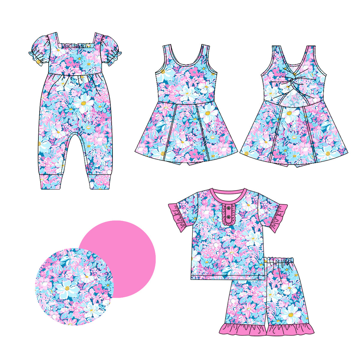 Pink ruffle short sleeves floral top shorts girls pajamas